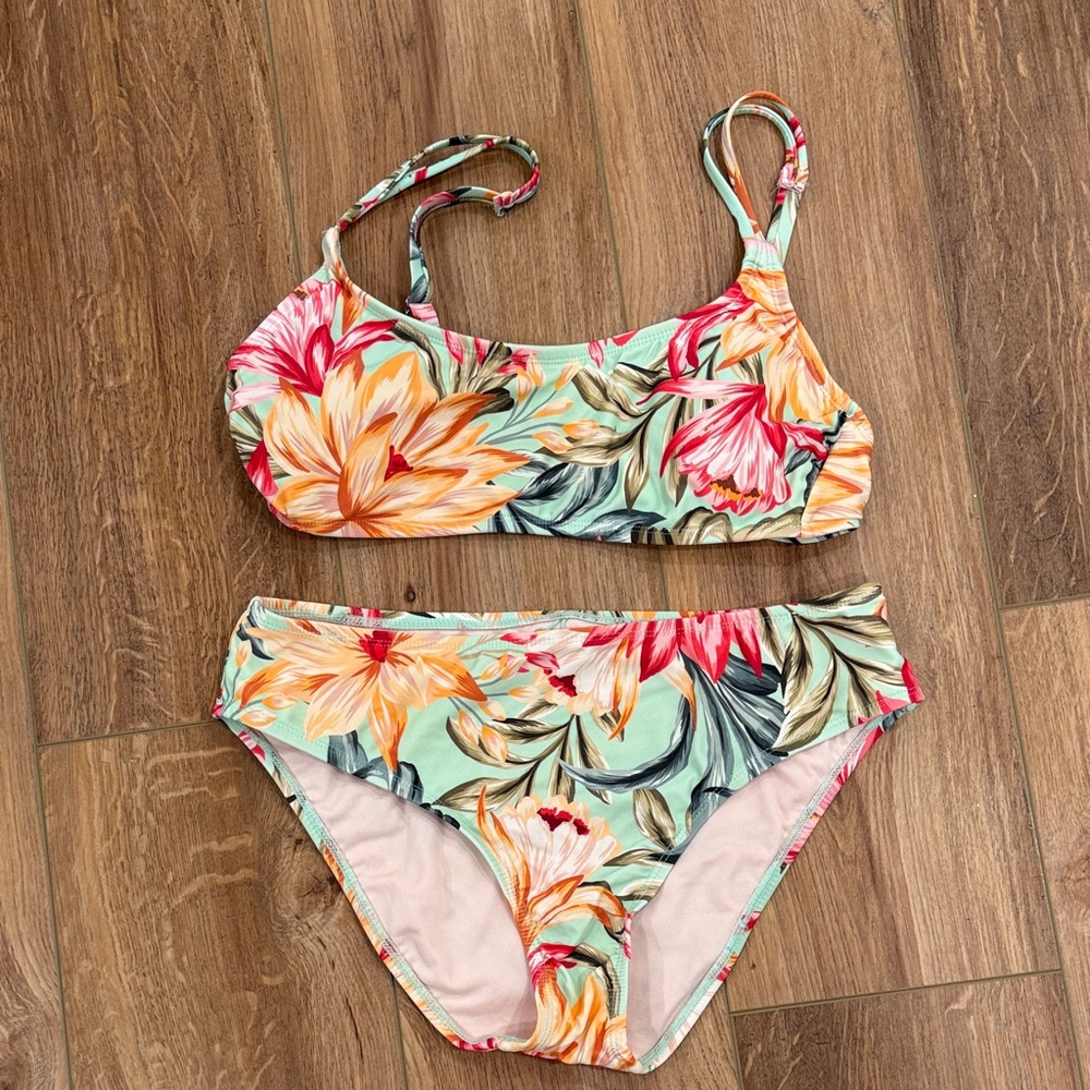 Hurley Tropical Print Bikini Set - Orange, Pink, Green